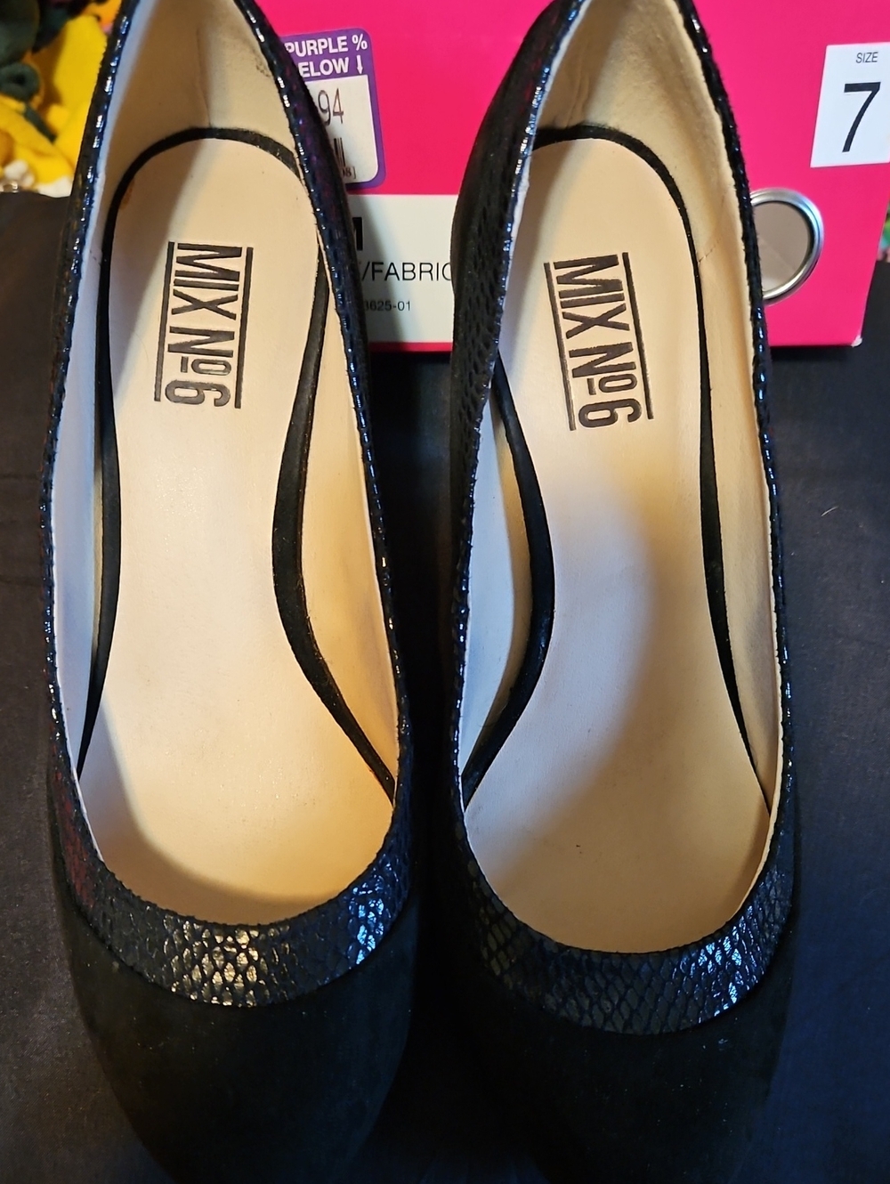 Mix No. 6 Black Suede Round-Toe Low Heel Pump with Textured Trim. Size 7